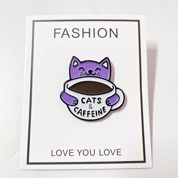 Cat Pin a Purple Cat with a Cup of Coffee - Picture 2 of 6